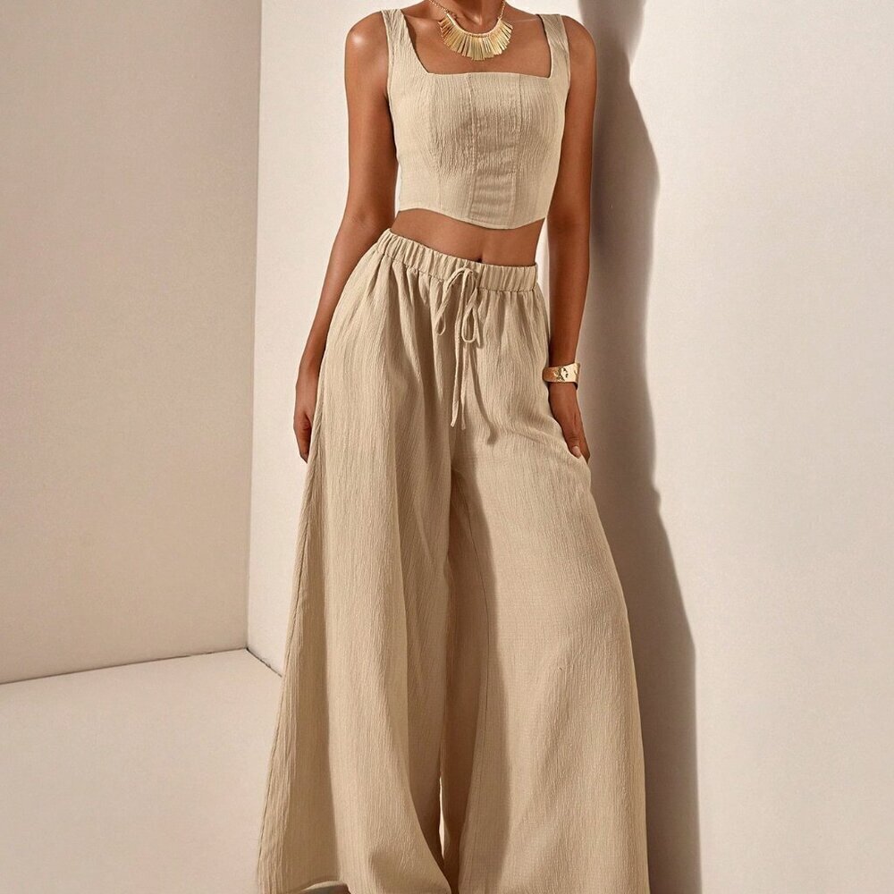 Khaki womens crop top & flowy wide legged pants textured fabric coord set - Picture 5 of 8